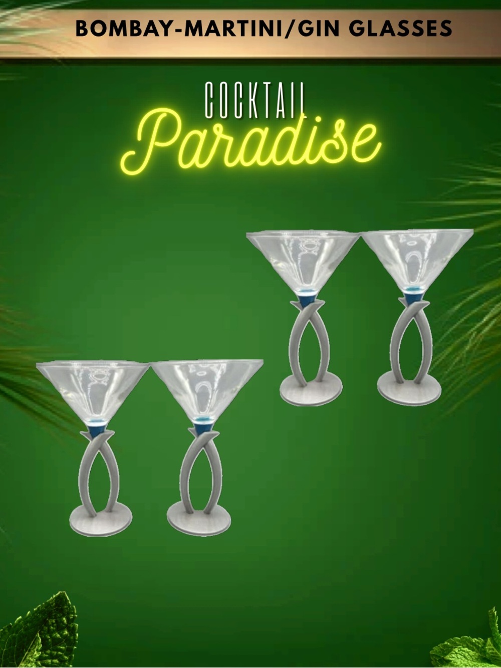 4 - Bombay Sapphire Martini/Gin Glasses With Brushed Aluminum Ribbon Stem.